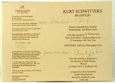 [Item #1338] Kurt Schwitters: Merzfolio / 15th Merz In Memoriam Kurt Schwitters / Country Life. Kurt Schwitters, Alec, Finlay, Jackson, Mac Low, Pierre, Joris, Jerome, Rothenburg.