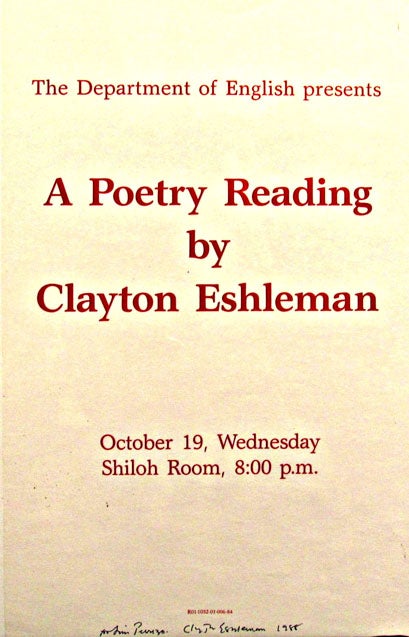 Item #2068] The Department of English presents A Poetry Reading by Clayton Eshleman. Clayton...