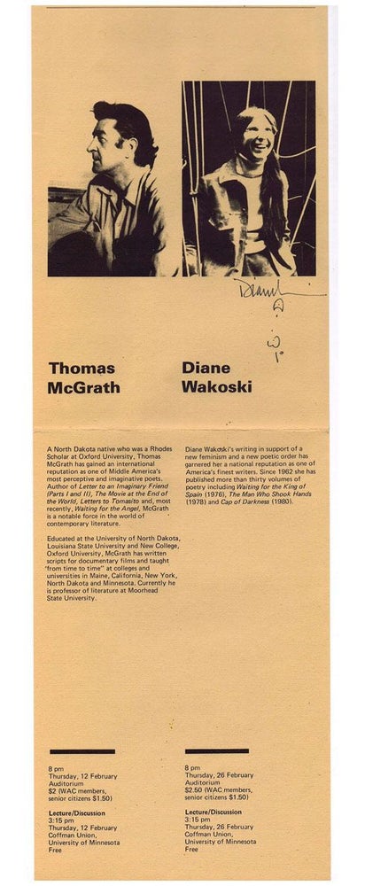 Item #2430] Broadside Announcement of Readings. Diane Wakoski, Thomas McGrath