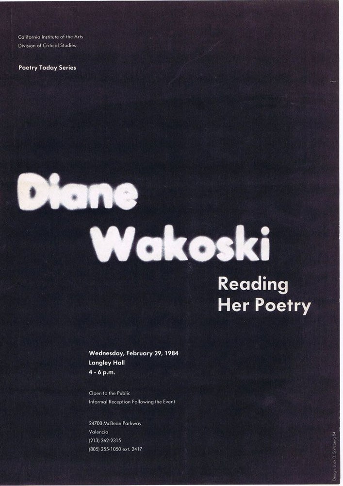 Item #2436] Broadside Announcement of Poetry Reading. Diane Wakoski