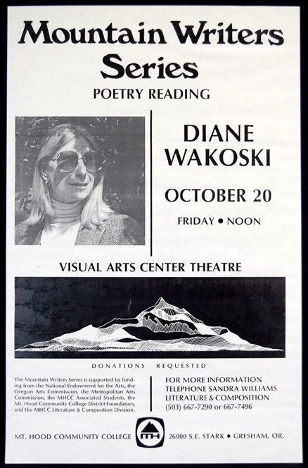 [Item #2449] Broadside Announcement of Poetry Reading at Mt. Hood Community College, Oregon. Diane Wakoski.