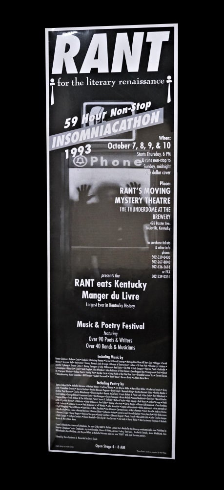 [Item #3892] Broadside-Poster: "RANT eats Kentucky Manger du Livre" David Baker, Diane di Prima, Kent Fielding, Jack Kerouac, Rick Phelps, Charles Rittenhouse, Richard Taylor, Ron Whitehead.