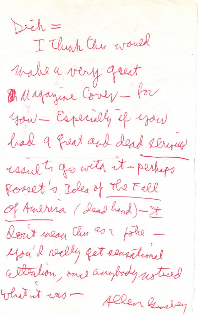 Item #4116] Autograph Letter from Allen Ginsberg to Richard Seaver. Allen Ginsberg