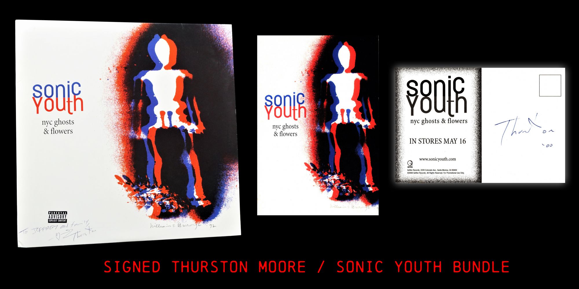 Sonic Youth Ghosts & Flowers LP Record with: Postcard by William S.  Burroughs, Thurston Moore on Third Mind Books