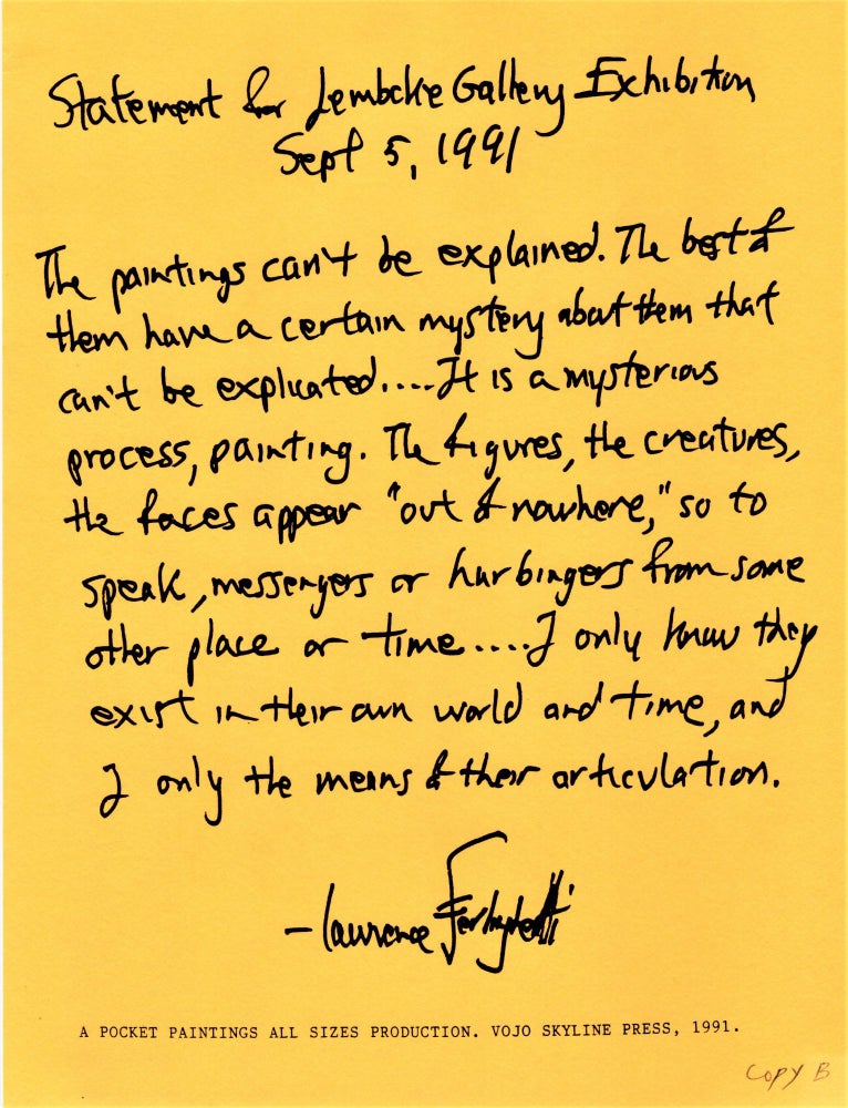 Item #4367] Statement for Peter Lembcke Gallery Exhibition. Lawrence Ferlinghetti