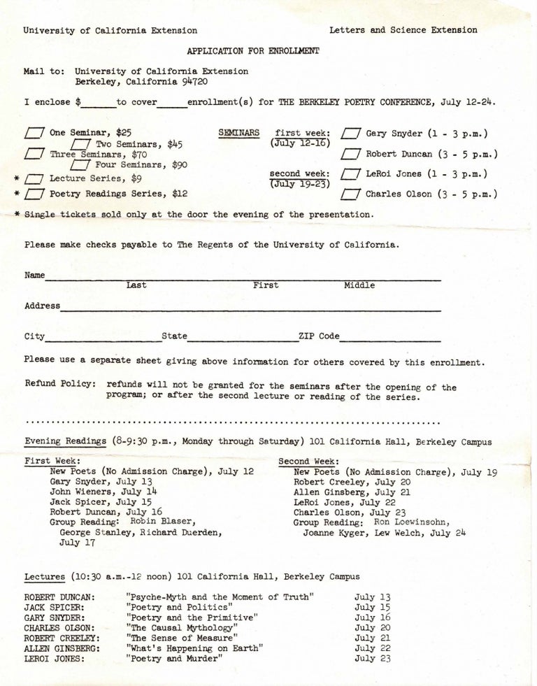 [Item #4579] Original Application Form for the Legendary 1965 Berkeley Poetry Conference. Robert Creeley, Robert Duncan, Allen Ginsberg, LeRoi Jones, Joanne Kyger, Charles Olson, Jack Spicer, Gary Snyder, Lew Welch.