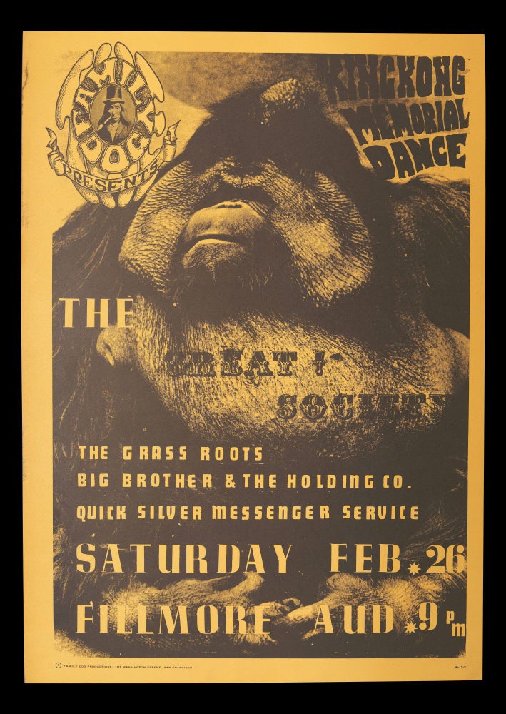 [Item #5066] Original Concert Poster: Big Brother & the Holding Company, Great Society, Quicksilver Messenger Service ("King Kong Memorial Dance," February 26, 1966). Big Brother& the Holding Company, Grass Roots, Great Society, Quicksilver Messenger Service, Wes Wilson.