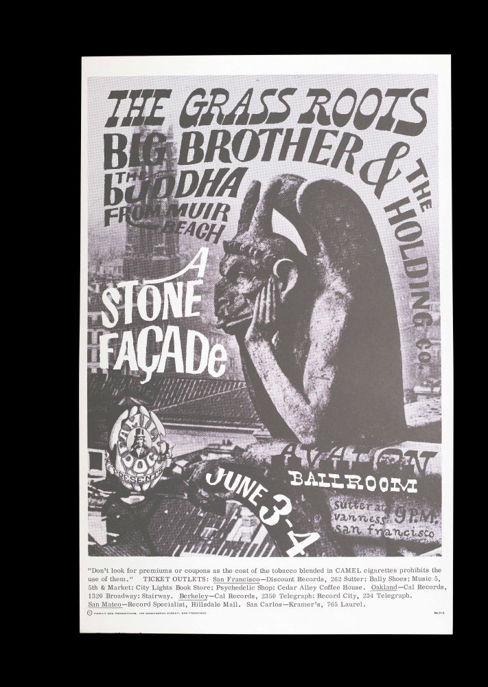 [Item #5146] Original Concert Poster: Grass Roots, Big Brother & the Holding Company, Buddha from Muir Beach ("A Stone Facade," June 3-4, 1966). Grass Roots, Big Brother& the Holding Company, Buddha from Muir Beach, Victor Moscoso.