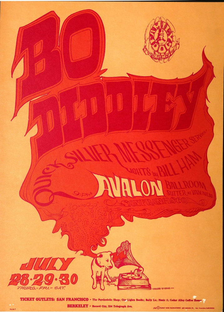 [Item #5206] Original Concert Poster: Bo Diddley, Quicksilver Messenger Service ("Voice of Music," July 28-30, 1966). Bo Diddley, Quicksilver Messenger Service, Stanley Mouse, Alton Kelley.