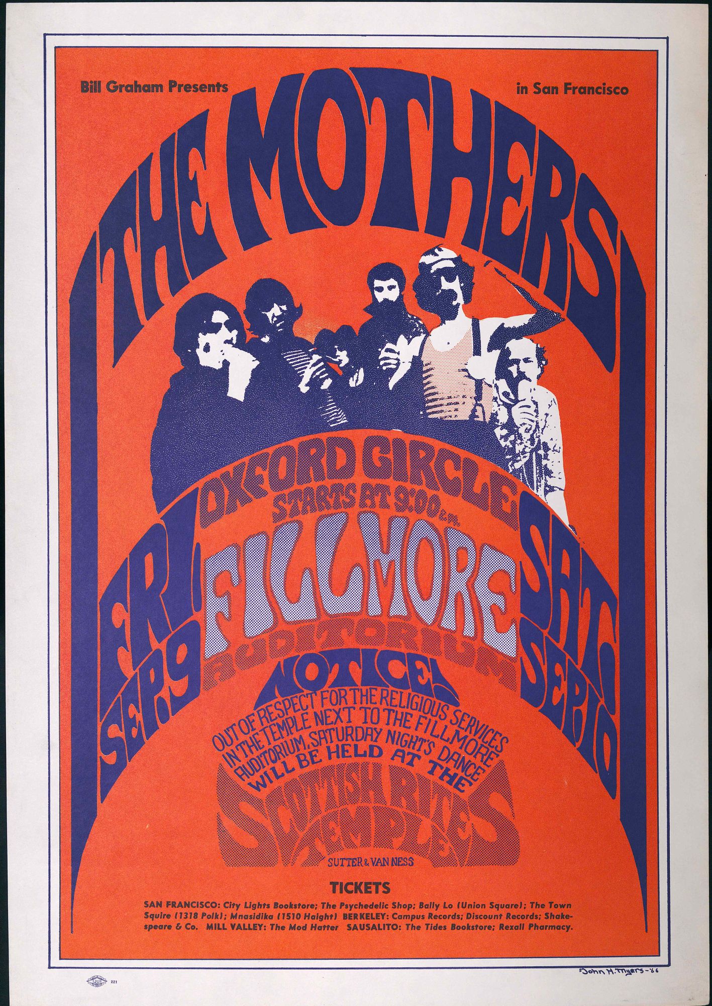 Original Concert Poster: Mothers, Oxford Circle September 9-10, 1966, Mothers, Oxford Circle, Bill Graham, John H. Myers