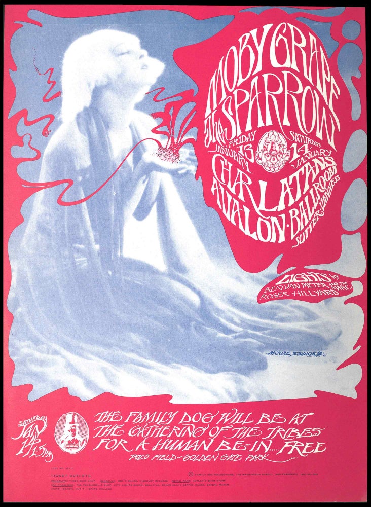 [Item #5467] Original Concert Poster: Moby Grape, Sparrow, Charlatans (January 13-14, 1967). Moby Grape, Sparrow, Charlatans, Stanley Mouse, Alton Kelley, Roger Hillyard, Ben van Meter.