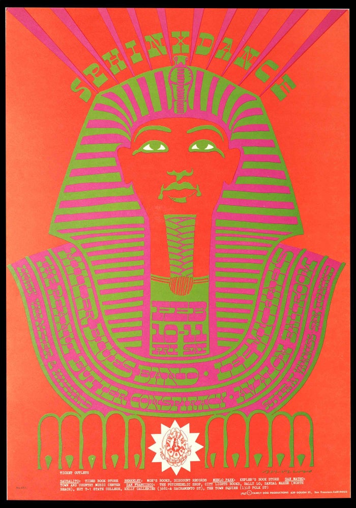 [Item #5566] Original Concert Poster: Miller Blues Band, Lee Michaels, Peanut Butter Conspiracy ("Sphinx Dance," February 10-11, 1967). Miller Blues Band, Lee Michaels, Peanut Butter Conspiracy, Victor Moscoso, Roger Hillyard, Ben van Meter.