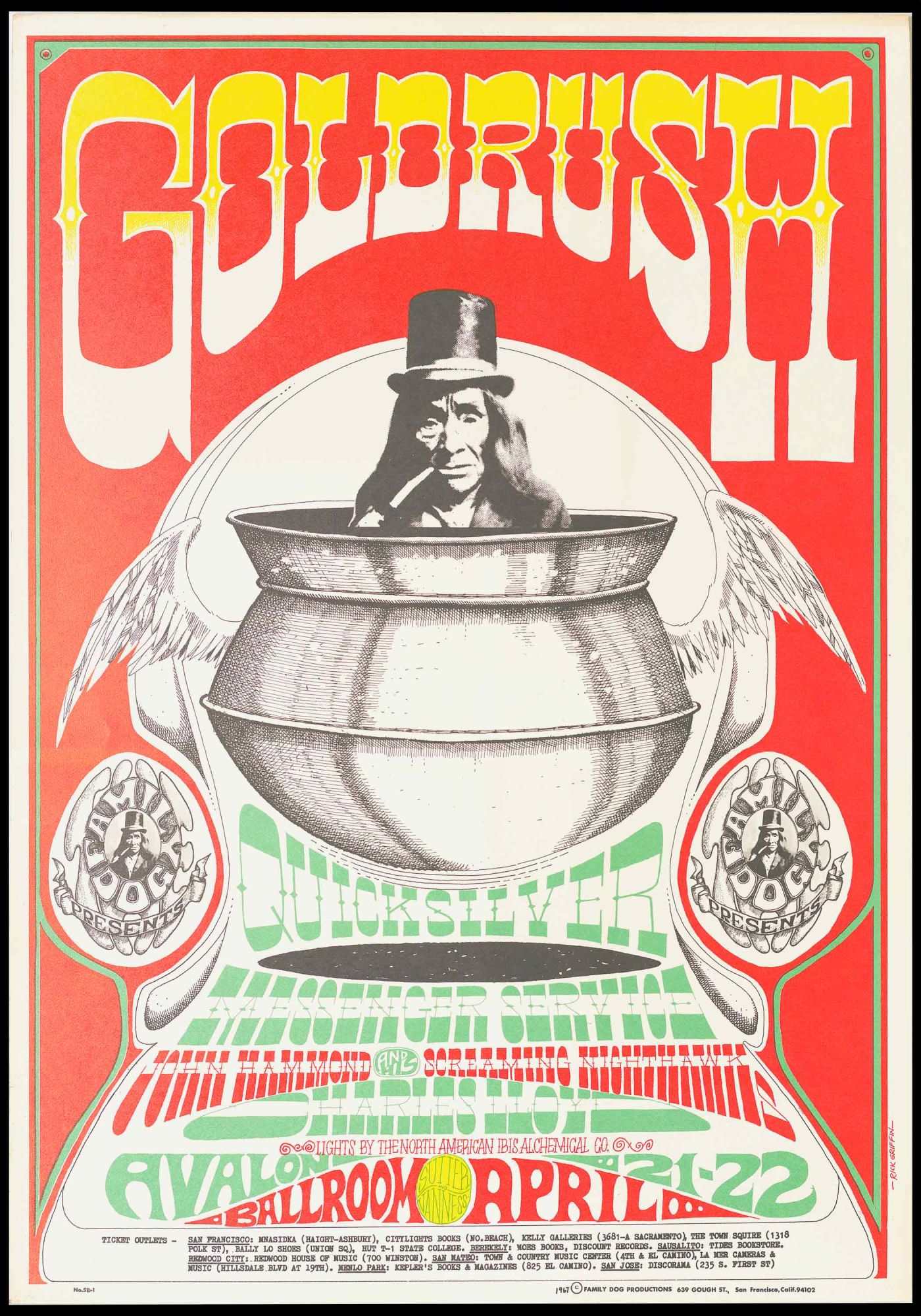 Original Concert Poster: Quicksilver Messenger Service, John Hammond & his  Screaming Nighthawks, Charles Lloyd Goldrush, April 21-22, 1967 by