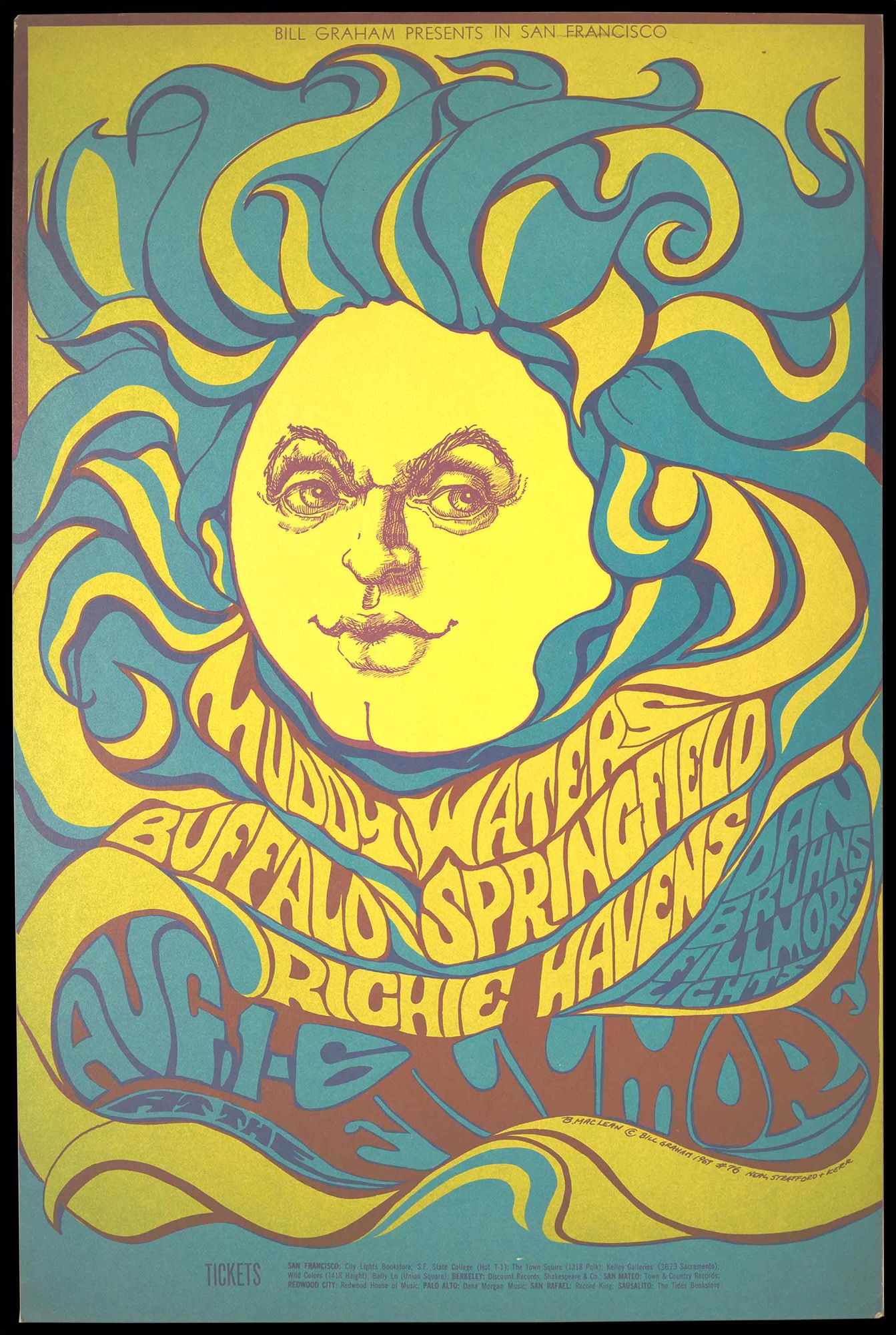 Original Concert Poster: Muddy Waters, Buffalo Springfield, Richie Havens  August 1-6, 1967 by Muddy Waters, Buffalo Springfield, Richie Havens,  Bonnie