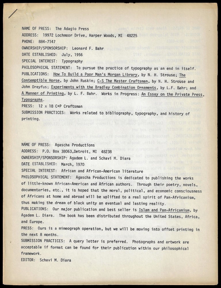 Item #6508] Small Press Publication Guidelines Packet. Leonard F. Bahr, Schiavi M. Diara