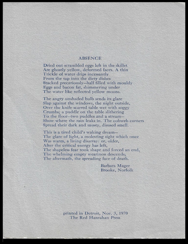 Item #6860] Broadside: "Absence". Barbara Mager