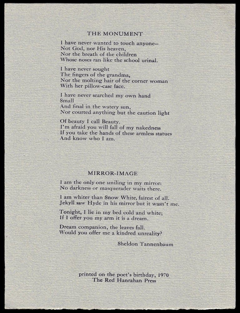 Item #6953] Broadside: "The Monument" / "Mirror-Image". Sheldon Tannenbaum