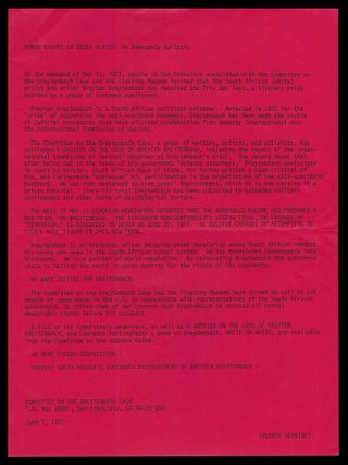 Three Original Flyers: Earth News (November 20, 1975) With: Human Rights in South Africa: An Emergency Bulletin (June 1, 1977) with: Bulletin of the Committee on the Breytenbach Case No. 5 (October 30, 1977)