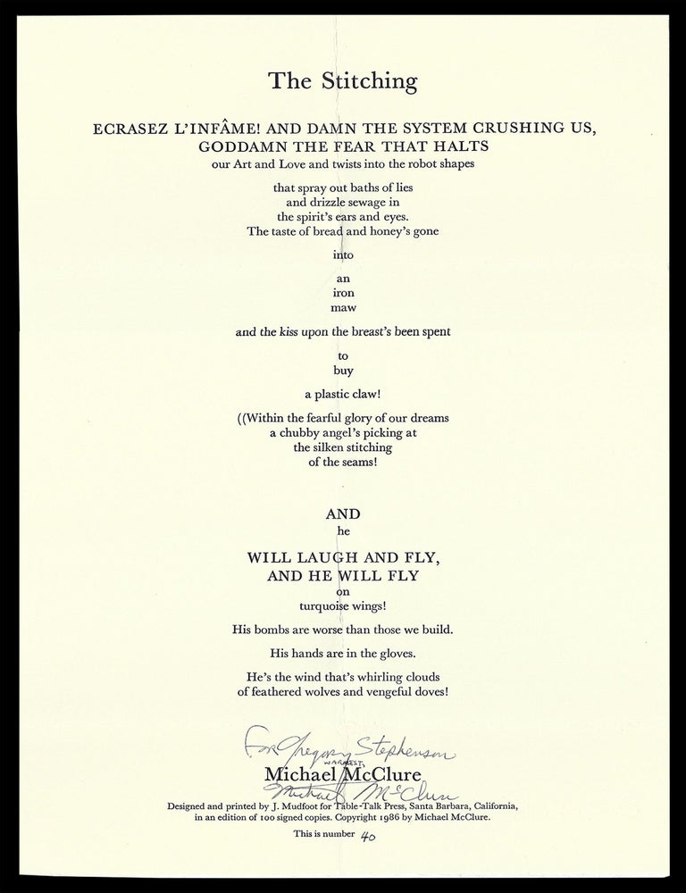 Item #7642] Broadside: "The Stitching". Michael McClure