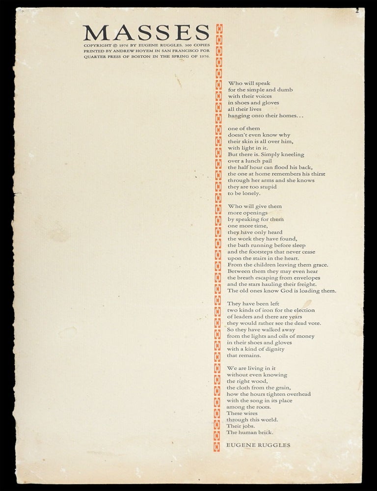 Item #7834] Broadside: Masses. Eugene Ruggles