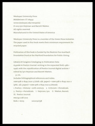 A Guide to Poetics Journal: Writing in the Expanded Field 1982-1998