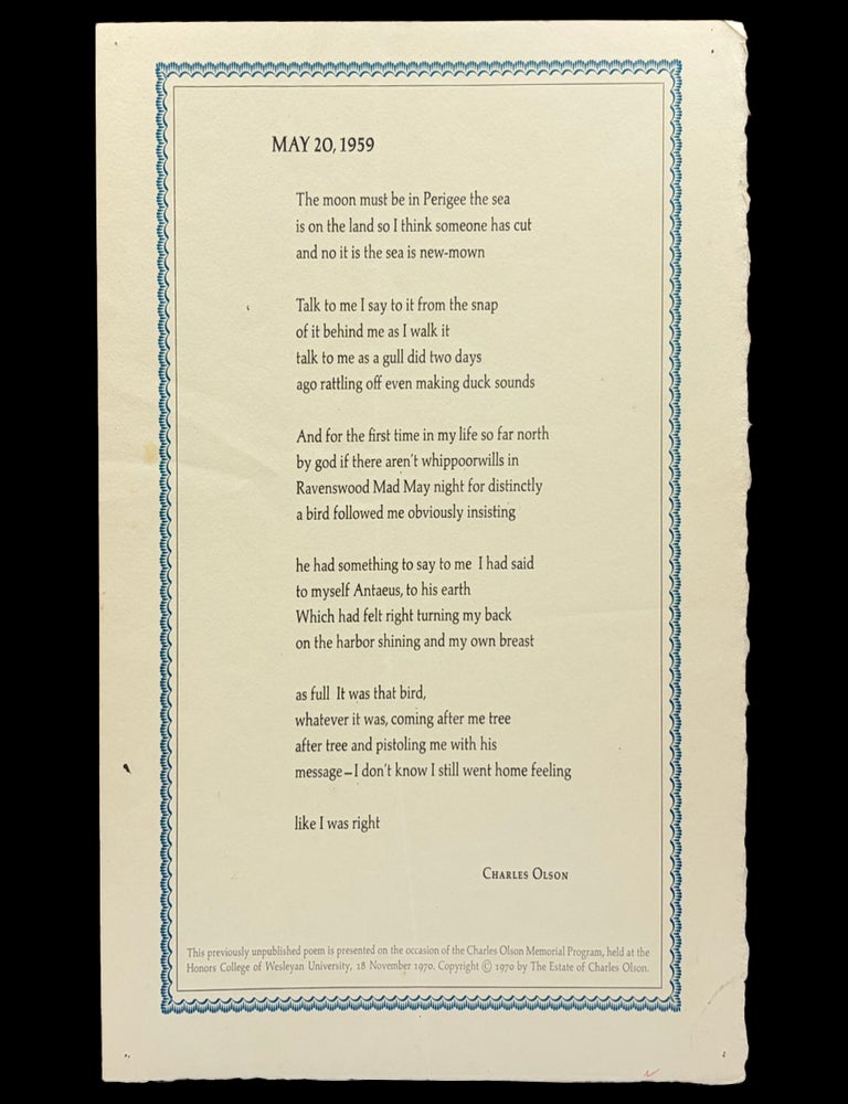 [Item #9320] Broadside: "May 20, 1959". Charles Olson.