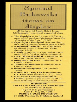 Exhibition Archive &mdash; Tales of Ordinary Madness, Public House Bookshop (May 4-25, 1996), with: The Urgency Rip-Off Press Edition of "Notes of a Dirty Old Man"