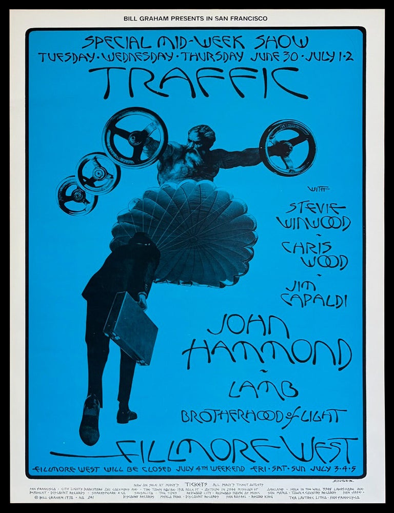 [Item #9396] Original Concert Poster: Traffic, John Hammond, Lamb (June 30-July 2, 1970). Traffic, John Hammond, Lamb, David Singer, Bill Graham, Steve Winwood, Chris Wood.