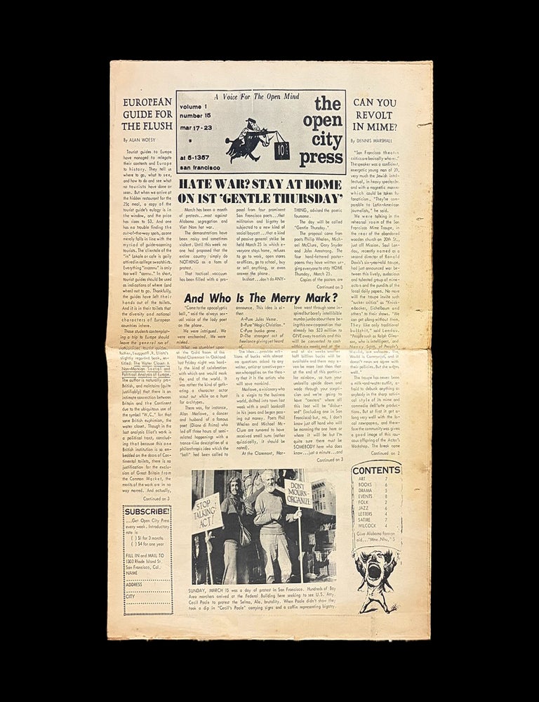 Item #9457] The Open City Press Vol. 1 No. 15 (March 17-23, 1965). John Bryan, Philip Whalen,...